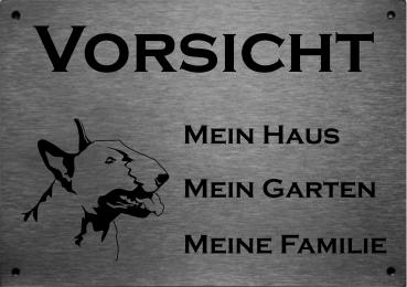 Edelstahl Warnschild Bullterrier VORSICHT Mein Haus mein Garten meine Familie